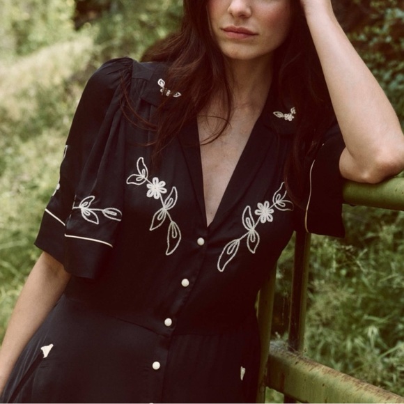 The Great. The Western Bridge Embroidered Satin Midi Dress Black Small Size:1 - Picture 3 of 16